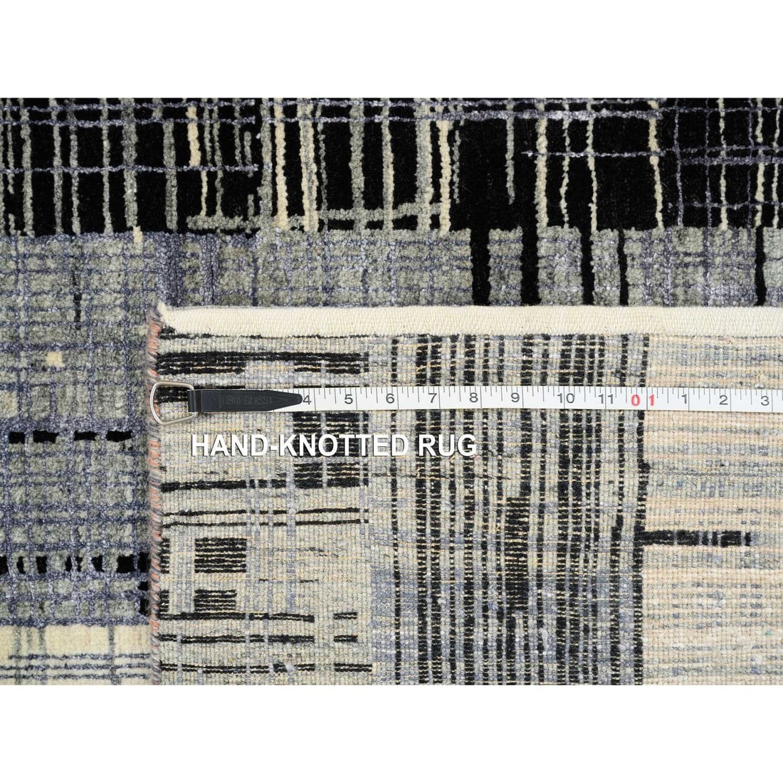 Black and Gray, Ghazni Wool and Silk Modern Design, Hand Knotted Rug - 11