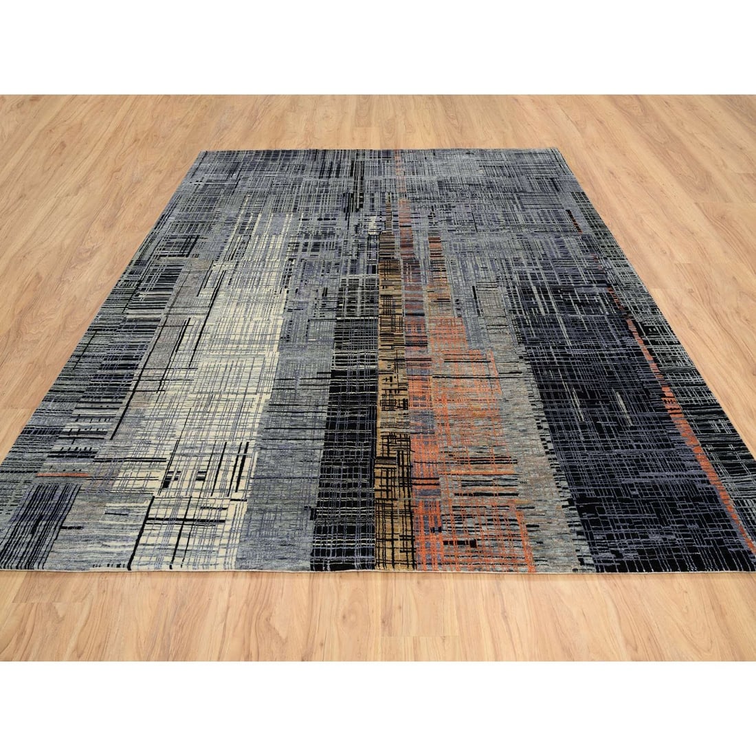 Black and Gray, Ghazni Wool and Silk Modern Design, Hand Knotted Rug - 2