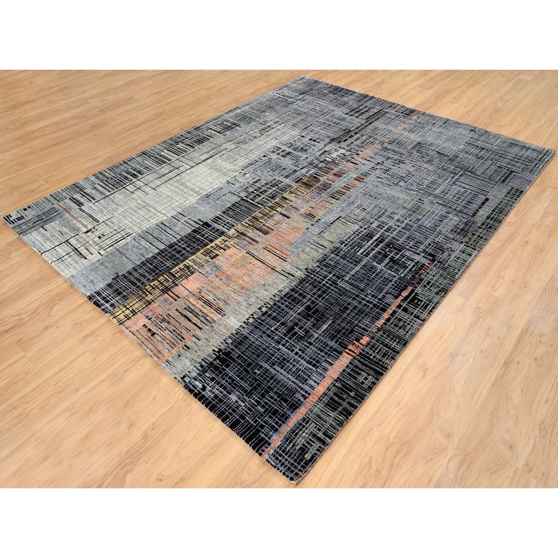 Black and Gray, Ghazni Wool and Silk Modern Design, Hand Knotted Rug - 3
