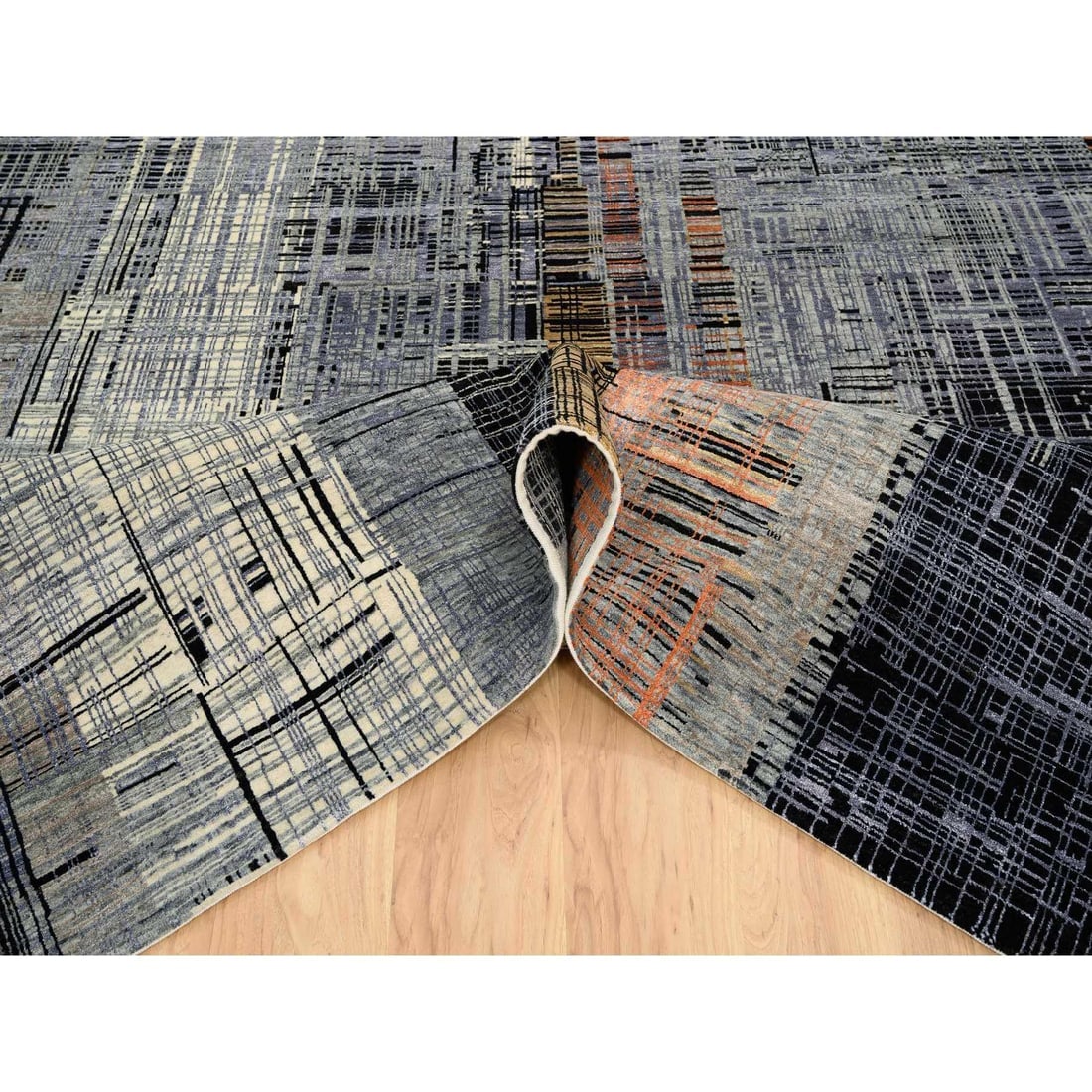Black and Gray, Ghazni Wool and Silk Modern Design, Hand Knotted Rug - 5