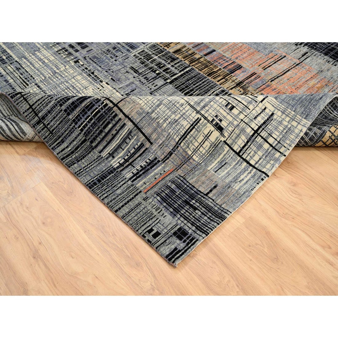 Black and Gray, Ghazni Wool and Silk Modern Design, Hand Knotted Rug - 6