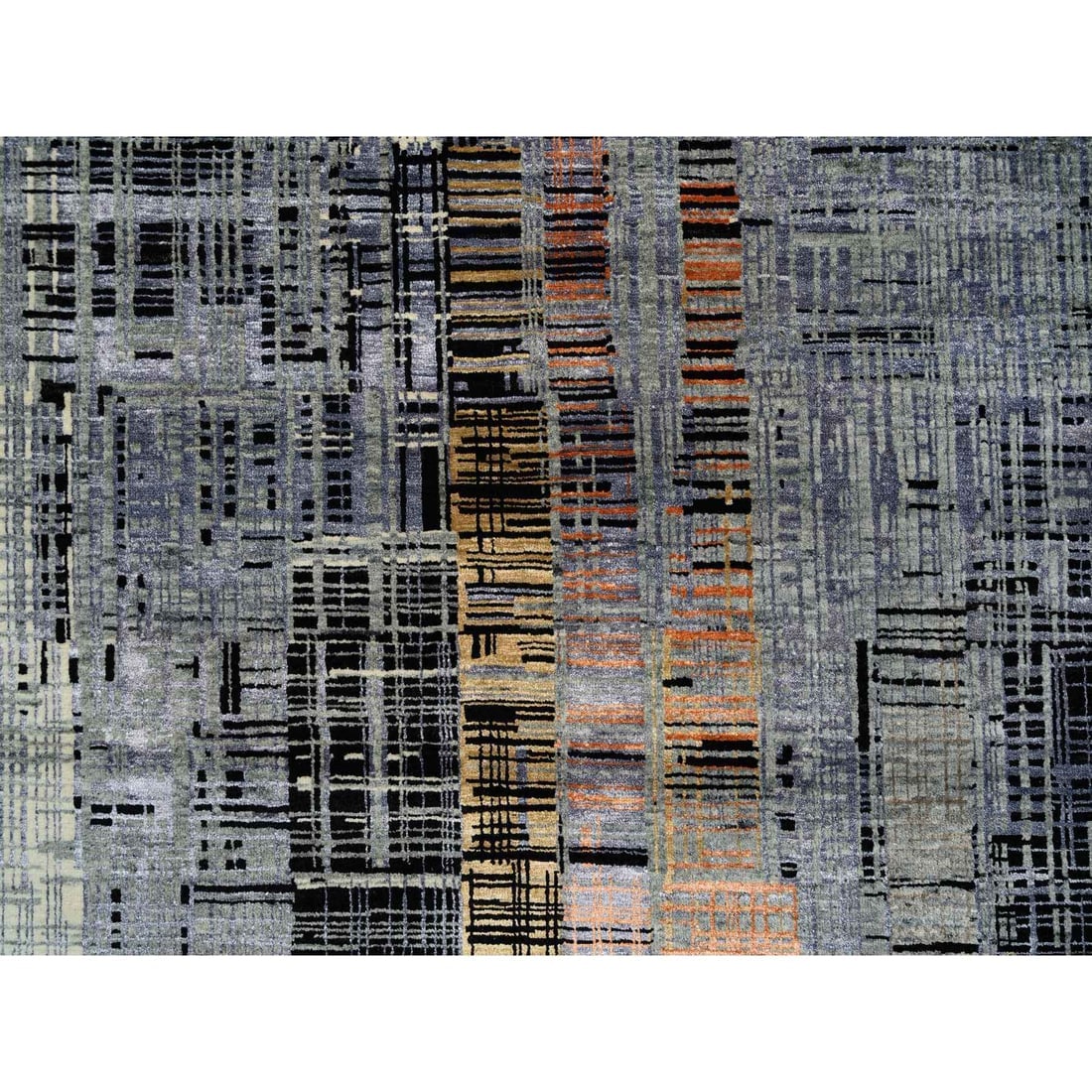 Black and Gray, Ghazni Wool and Silk Modern Design, Hand Knotted Rug - 8