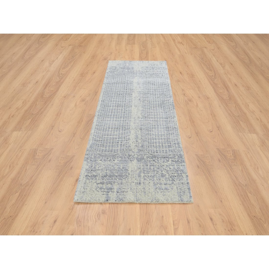 Gray, Jacquard Hand Loomed, Wool And Plant Based Silk, Runner, Rug - 2