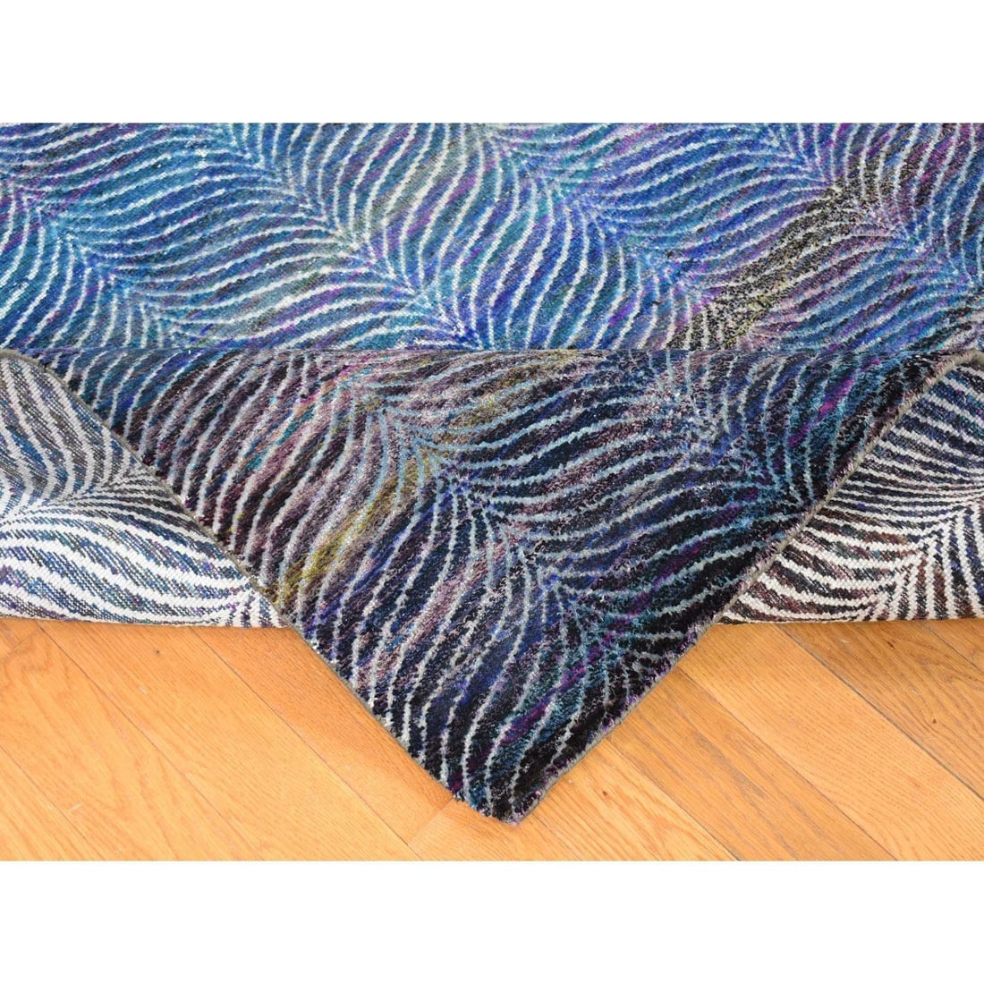 Colorful, Modern Leaf Design, Silk and Wool Hand Knotted Oriental Rug - 6