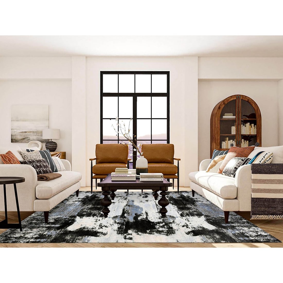 Black and Gray, Modern Abstract Design, Pure Wool Hand Knotted, Rug - 2