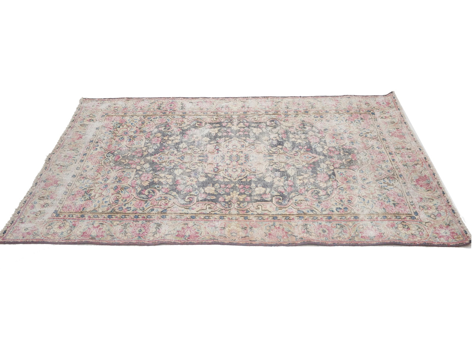 Antique Muted Brown Floral 3'7X5'9 Distressed Vintage Oriental Rug - 6