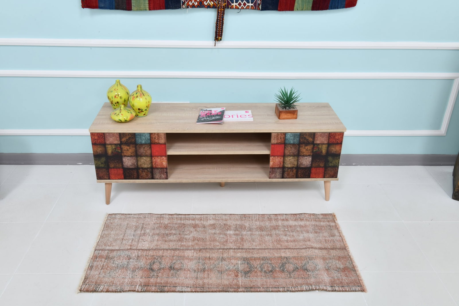 1'11'' x 4'3'' Handmade Vintage Wool Patchwork Rug - 21602 - 2