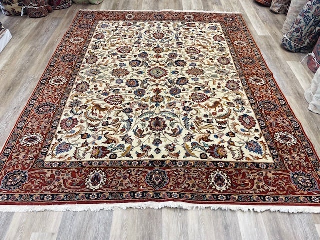 Vintage tabriz design Rug-4877: Title:Vintage tabriz design Rug-4877 Description:Gorgeous all over floral with animal rug, Tabrixz rug, size 7 ft. 9 inches by 9 ft. 7 inches, circa 1960 in excellent condition with all original ends