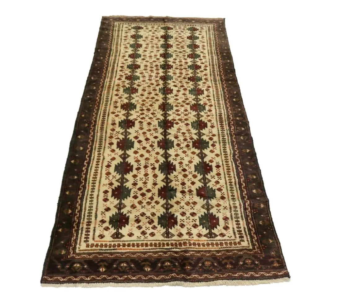 Vintage Cream Tribal 4X9 Turkoman Persian Runner Rug - 7