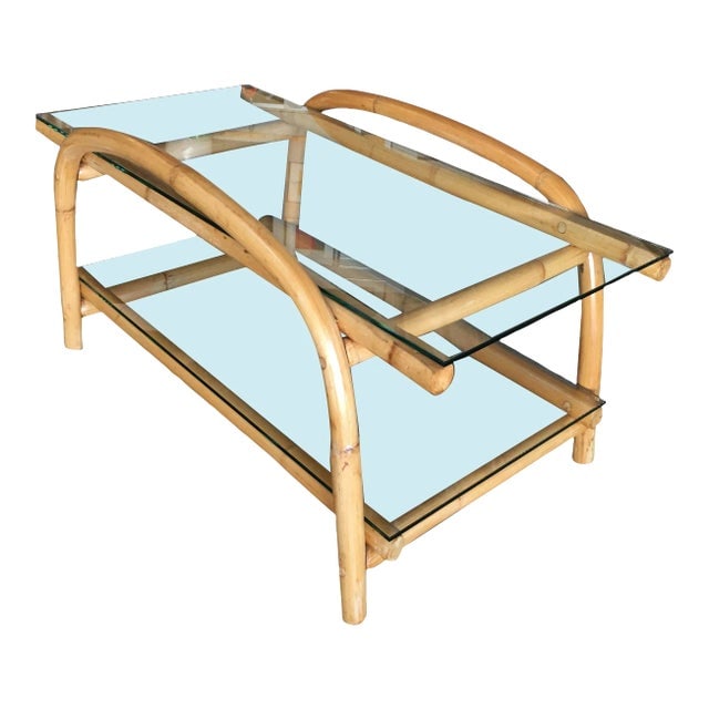 1950s Restored Two-Tier "Swoop Arch" Rattan Side Table With Glass Top (1 of 9)