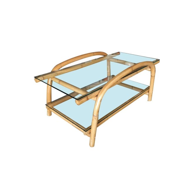 1950s Restored Two-Tier "Swoop Arch" Rattan Side Table With Glass Top - 2