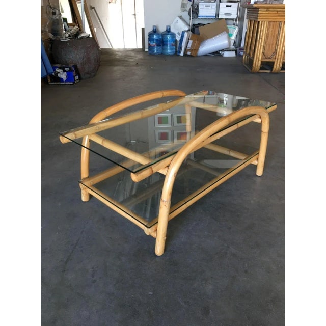 1950s Restored Two-Tier "Swoop Arch" Rattan Side Table With Glass Top - 3