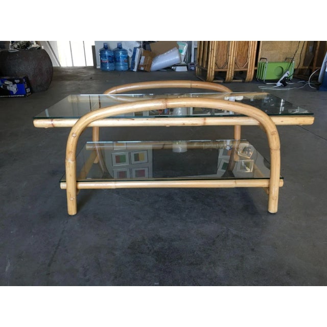 1950s Restored Two-Tier "Swoop Arch" Rattan Side Table With Glass Top - 4