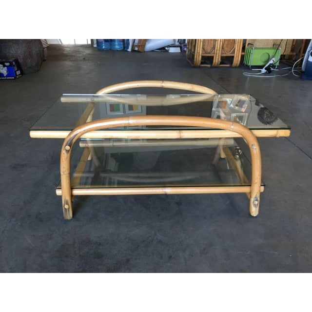 1950s Restored Two-Tier "Swoop Arch" Rattan Side Table With Glass Top - 5
