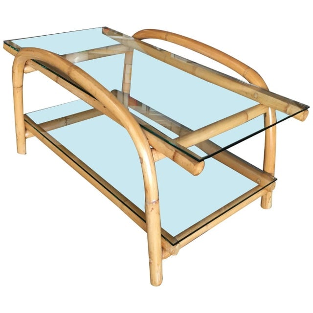 1950s Restored Two-Tier "Swoop Arch" Rattan Side Table With Glass Top - 9