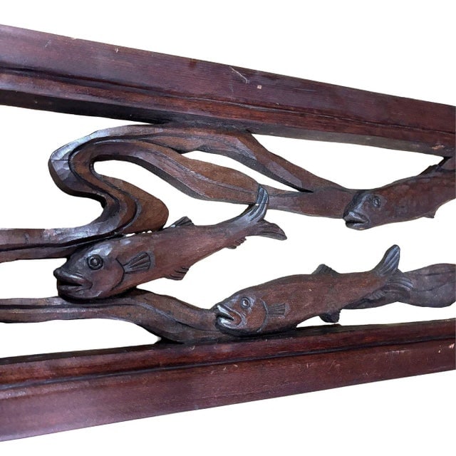1980s Asian Style Koi Fish Wall Hanging Cherry Wood Sculpture, Signed - 4
