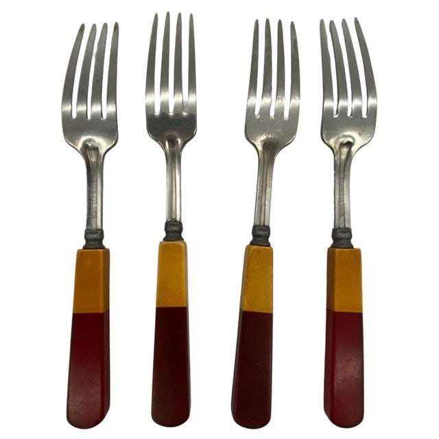 1930s Dual-Toned Mismatched Butterscotch, Cherry Red & Green Bakelite, Lucite & Stainless Steel - 3