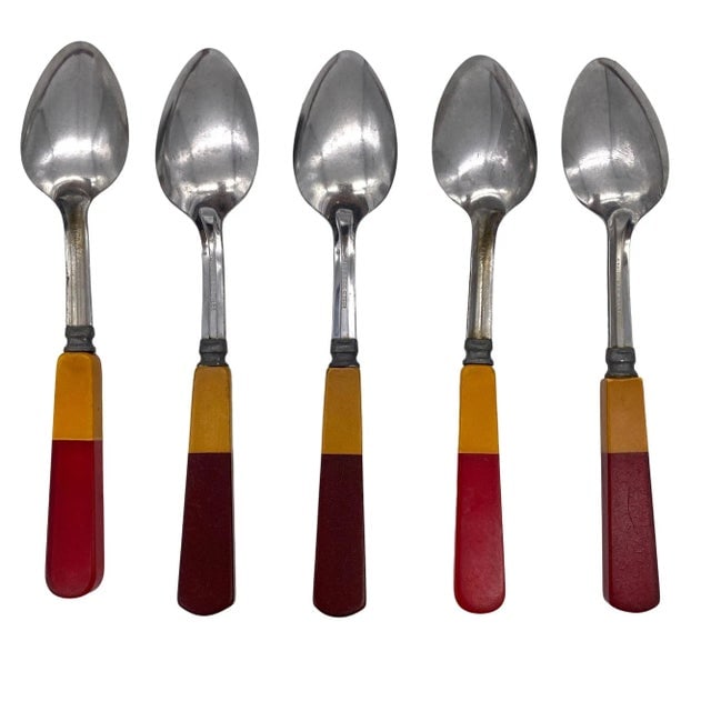 1930s Dual-Toned Mismatched Butterscotch, Cherry Red & Green Bakelite, Lucite & Stainless Steel - 6