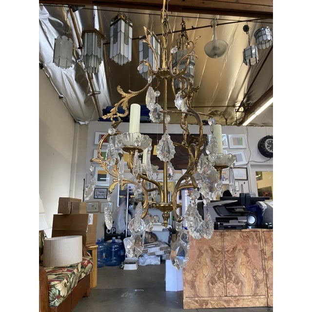 1920s Tall Hollywood Regency Crystal and Brass Chandelier W/ Three Lights - 10