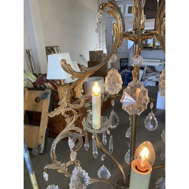 1920s Tall Hollywood Regency Crystal and Brass Chandelier W/ Three Lights - 11