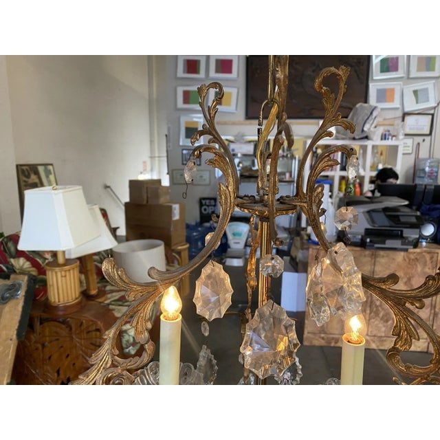 1920s Tall Hollywood Regency Crystal and Brass Chandelier W/ Three Lights - 12