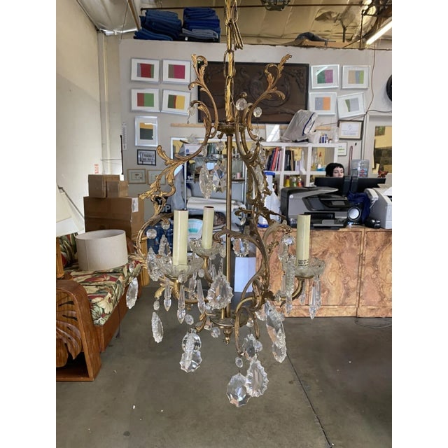 1920s Tall Hollywood Regency Crystal and Brass Chandelier W/ Three Lights - 13