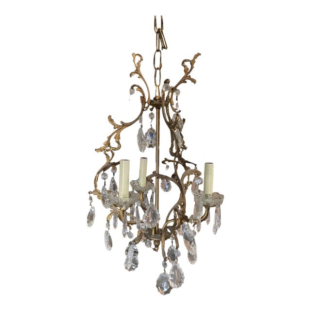 1920s Tall Hollywood Regency Crystal and Brass Chandelier W/ Three Lights (1 of 13)