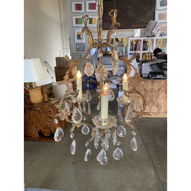 1920s Tall Hollywood Regency Crystal and Brass Chandelier W/ Three Lights - 2