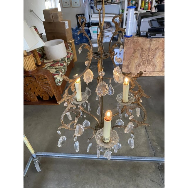 1920s Tall Hollywood Regency Crystal and Brass Chandelier W/ Three Lights - 3