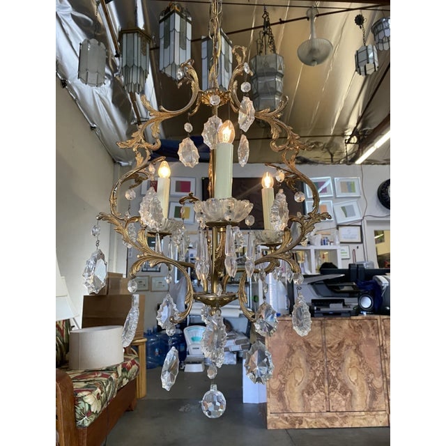 1920s Tall Hollywood Regency Crystal and Brass Chandelier W/ Three Lights - 4