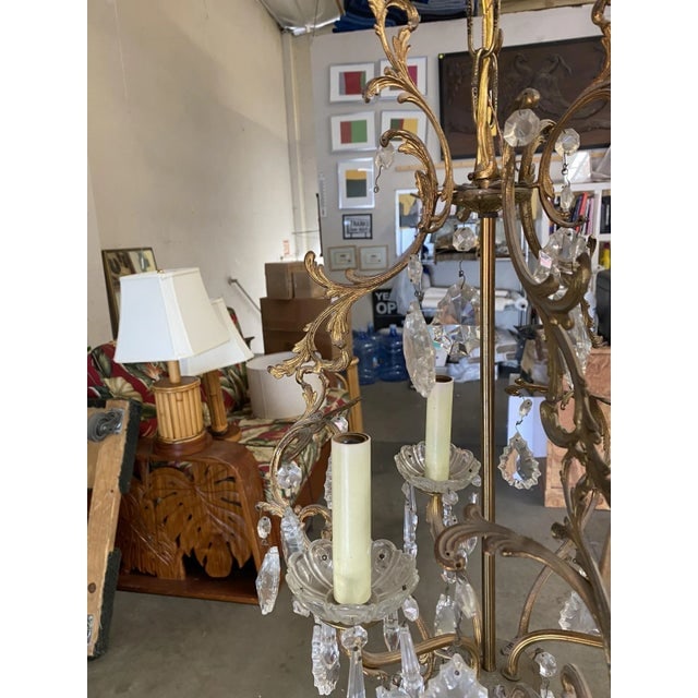 1920s Tall Hollywood Regency Crystal and Brass Chandelier W/ Three Lights - 5