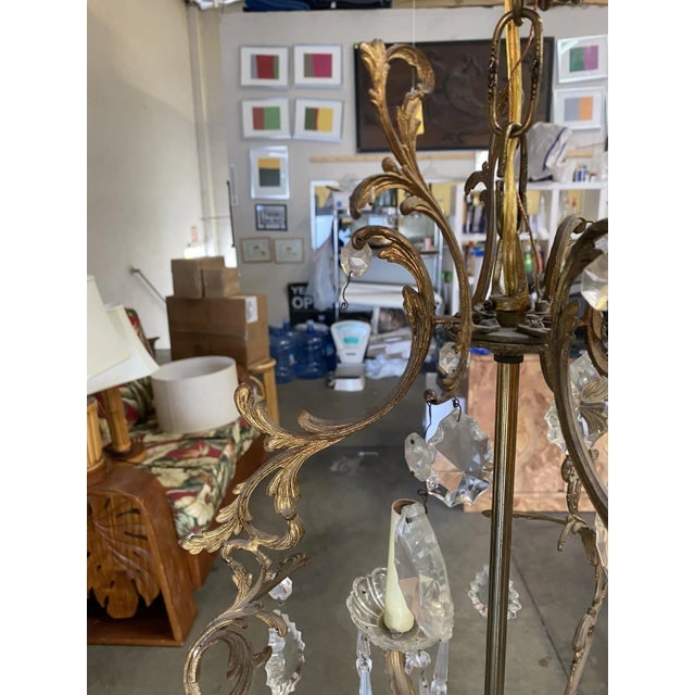 1920s Tall Hollywood Regency Crystal and Brass Chandelier W/ Three Lights - 6