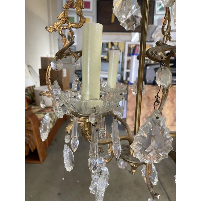 1920s Tall Hollywood Regency Crystal and Brass Chandelier W/ Three Lights - 7