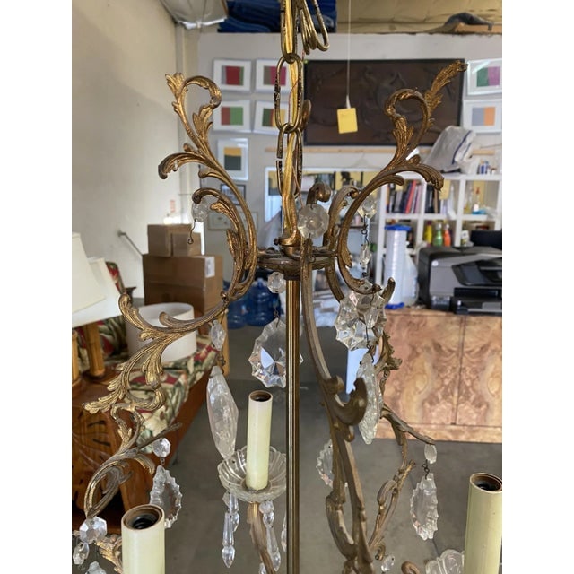 1920s Tall Hollywood Regency Crystal and Brass Chandelier W/ Three Lights - 8