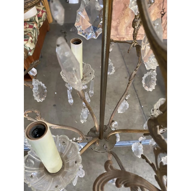 1920s Tall Hollywood Regency Crystal and Brass Chandelier W/ Three Lights - 9