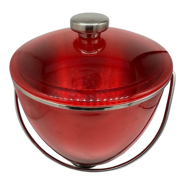 1960s Mid-Century Red Acrylic & Stainless Steel Ice Bucket: Title: 1960s Mid-Century Red Acrylic & Stainless Steel Ice Bucket Description: Vintage circa 1960s sem-transparent cherry lucite ice bucket with a brushed stainless steel interior and soft black felt 