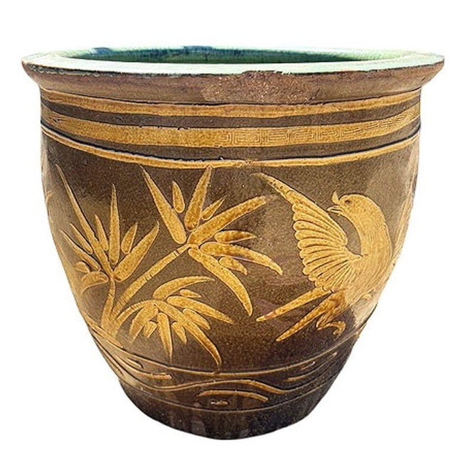 19th Century Large Bird & Bamboo Art Pottery Chinese Egg Pot Jardini√®re Planter - 7
