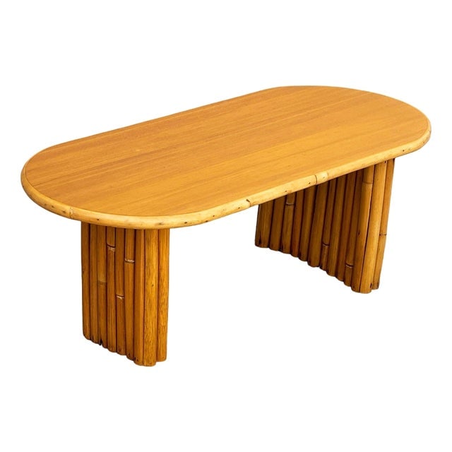 1940s Restored Rattan & Koa Wood Oval Surfboard Coffee Table W/ Stacked Rattan Legs (1 of 8)