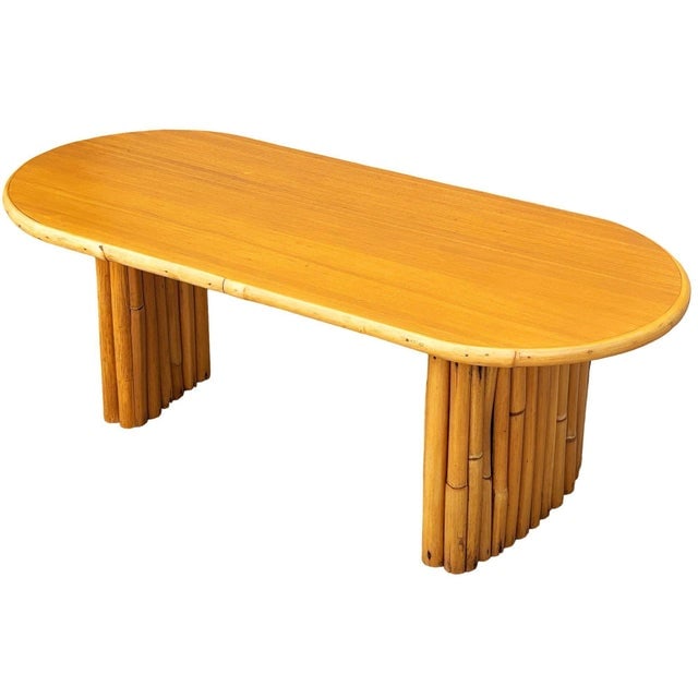 1940s Restored Rattan & Koa Wood Oval Surfboard Coffee Table W/ Stacked Rattan Legs - 3