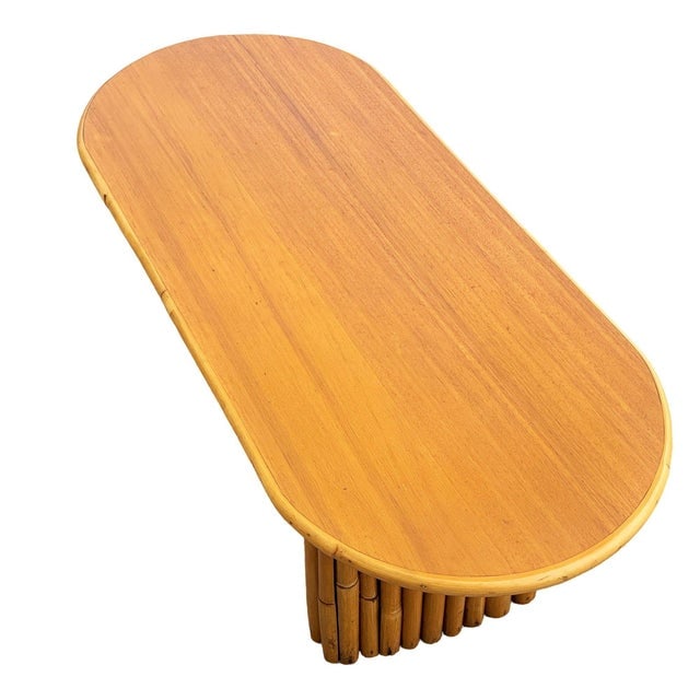 1940s Restored Rattan & Koa Wood Oval Surfboard Coffee Table W/ Stacked Rattan Legs - 4