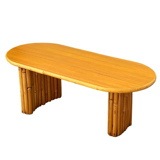 1940s Restored Rattan & Koa Wood Oval Surfboard Coffee Table W/ Stacked Rattan Legs - 5