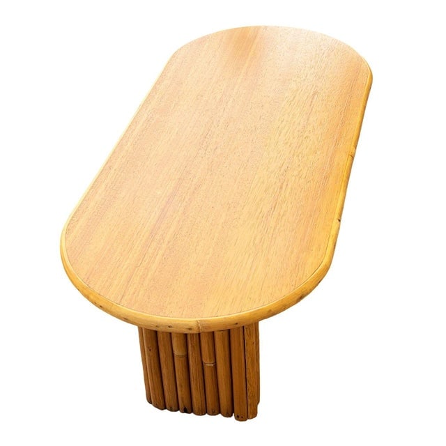 1940s Restored Rattan & Koa Wood Oval Surfboard Coffee Table W/ Stacked Rattan Legs - 7