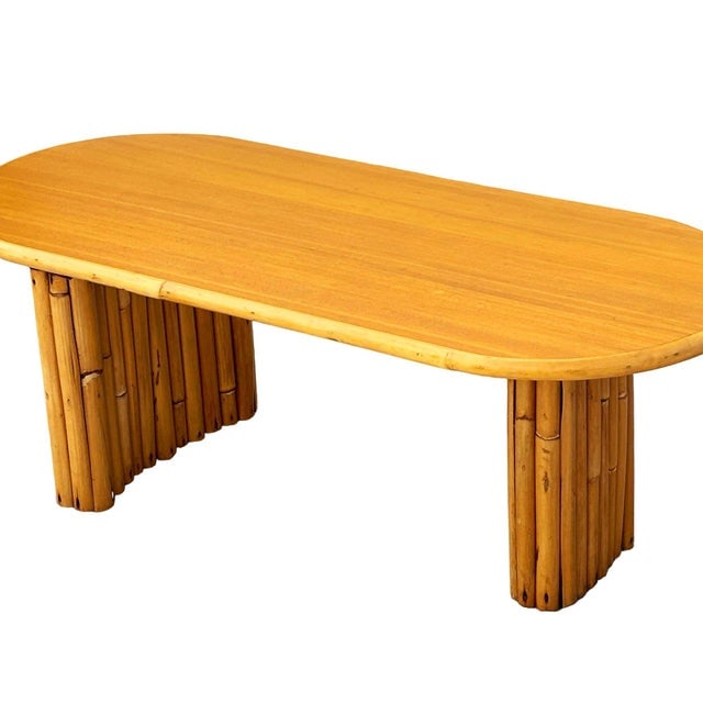 1940s Restored Rattan & Koa Wood Oval Surfboard Coffee Table W/ Stacked Rattan Legs - 8