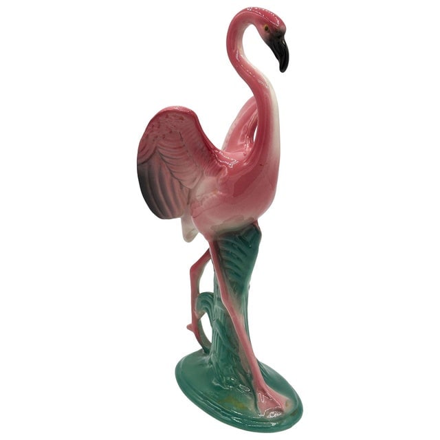1950s Mid-Century 11" Tall Open Wing Pink Flamingo Ceramic Tabletop Statue, Pair - 10