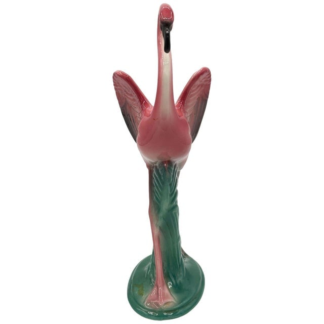1950s Mid-Century 11" Tall Open Wing Pink Flamingo Ceramic Tabletop Statue, Pair - 11