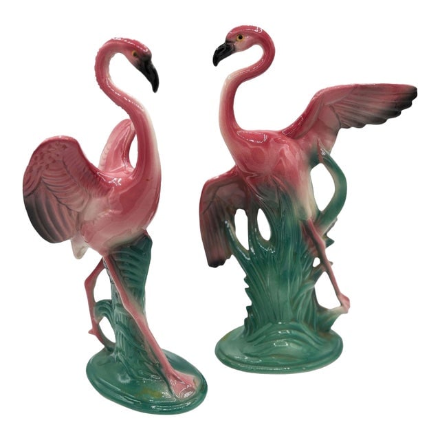 1950s Mid-Century 11" Tall Open Wing Pink Flamingo Ceramic Tabletop Statue, Pair (1 of 13)