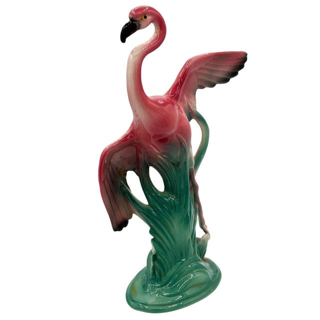 1950s Mid-Century 11" Tall Open Wing Pink Flamingo Ceramic Tabletop Statue, Pair - 2