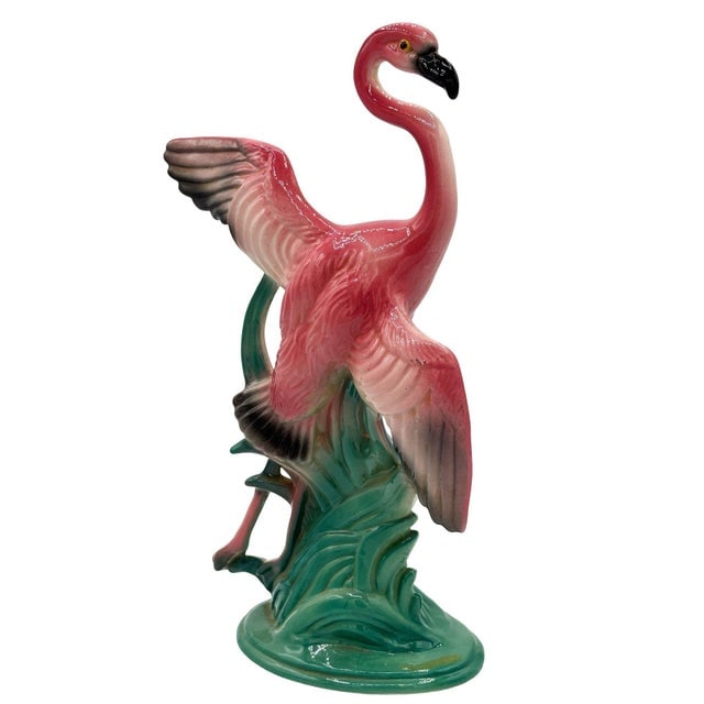 1950s Mid-Century 11" Tall Open Wing Pink Flamingo Ceramic Tabletop Statue, Pair - 3
