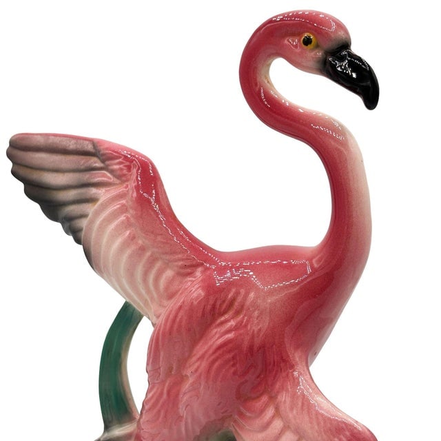 1950s Mid-Century 11" Tall Open Wing Pink Flamingo Ceramic Tabletop Statue, Pair - 4