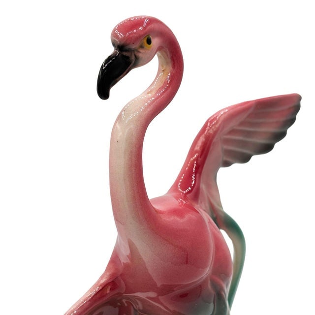 1950s Mid-Century 11" Tall Open Wing Pink Flamingo Ceramic Tabletop Statue, Pair - 7